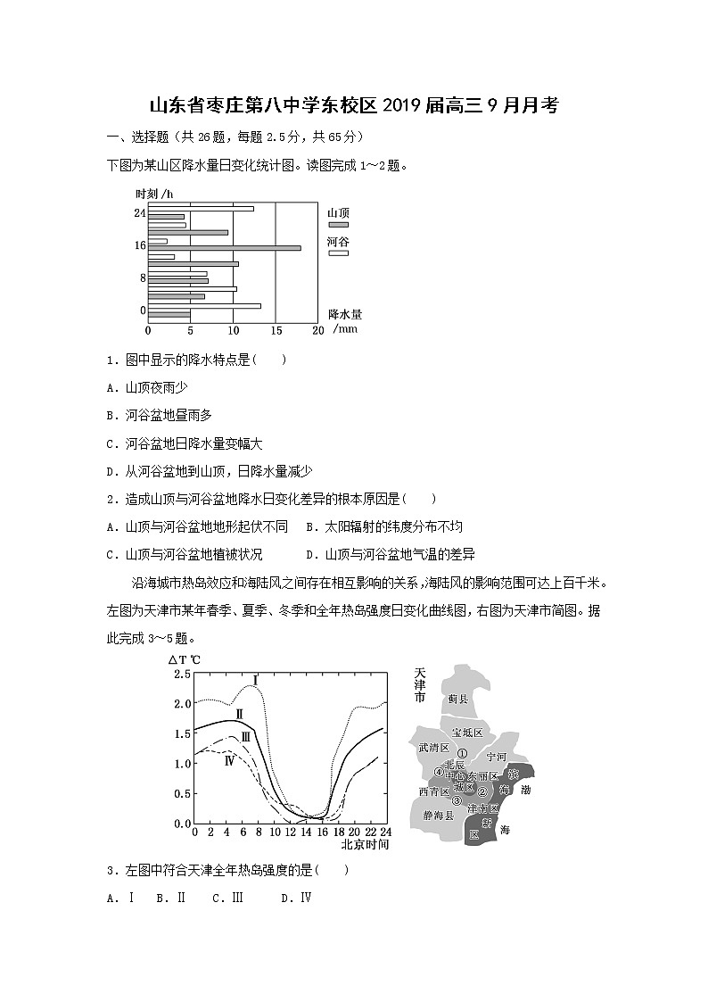 【地理】山东省枣庄第八中学东校区2019届高三9月月考 试卷01