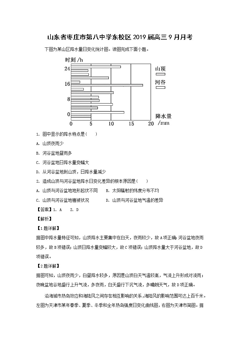 【地理】山东省枣庄市第八中学东校区2019届高三9月月考（解析版） 试卷01