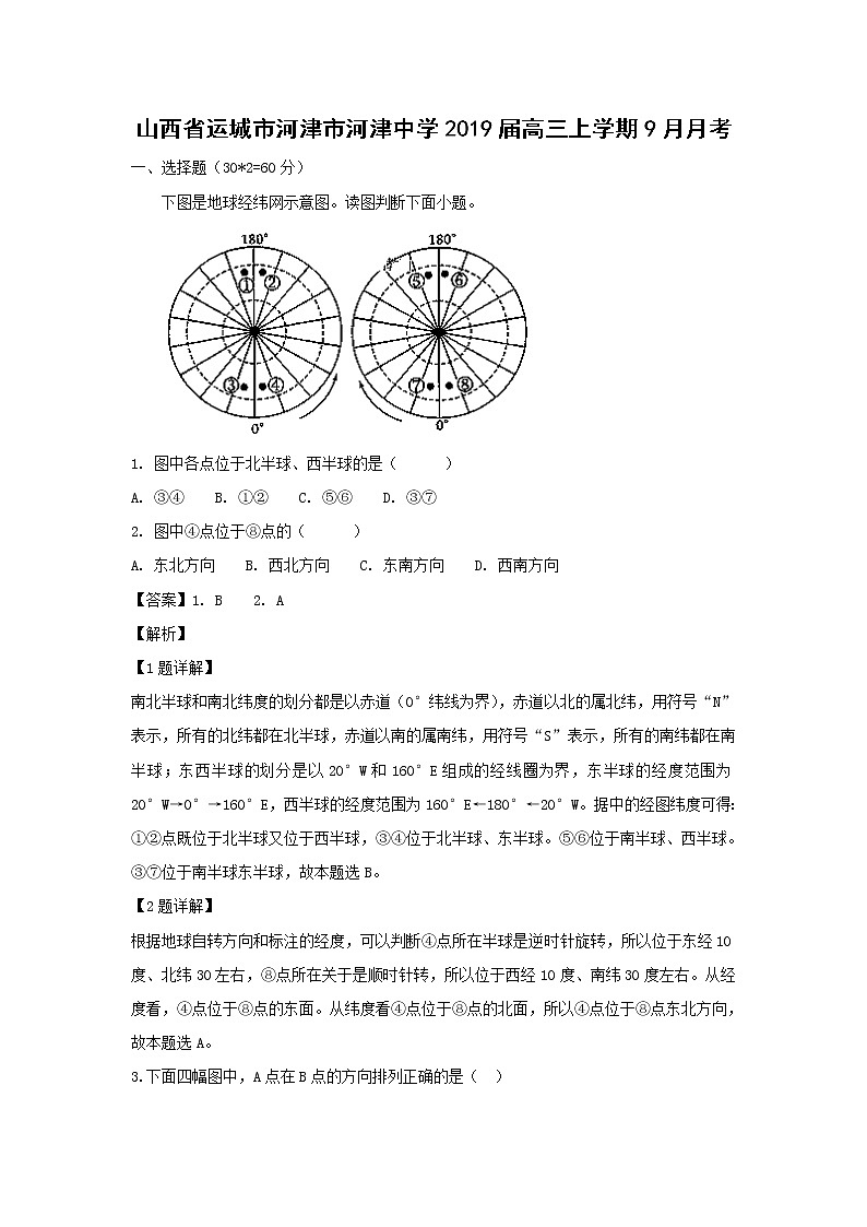【地理】山西省运城市河津市河津中学2019届高三上学期9月月考（解析版） 试卷01