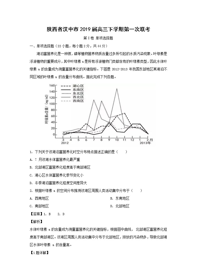 【地理】陕西省汉中市2019届高三下学期第一次联考（解析版） 试卷01