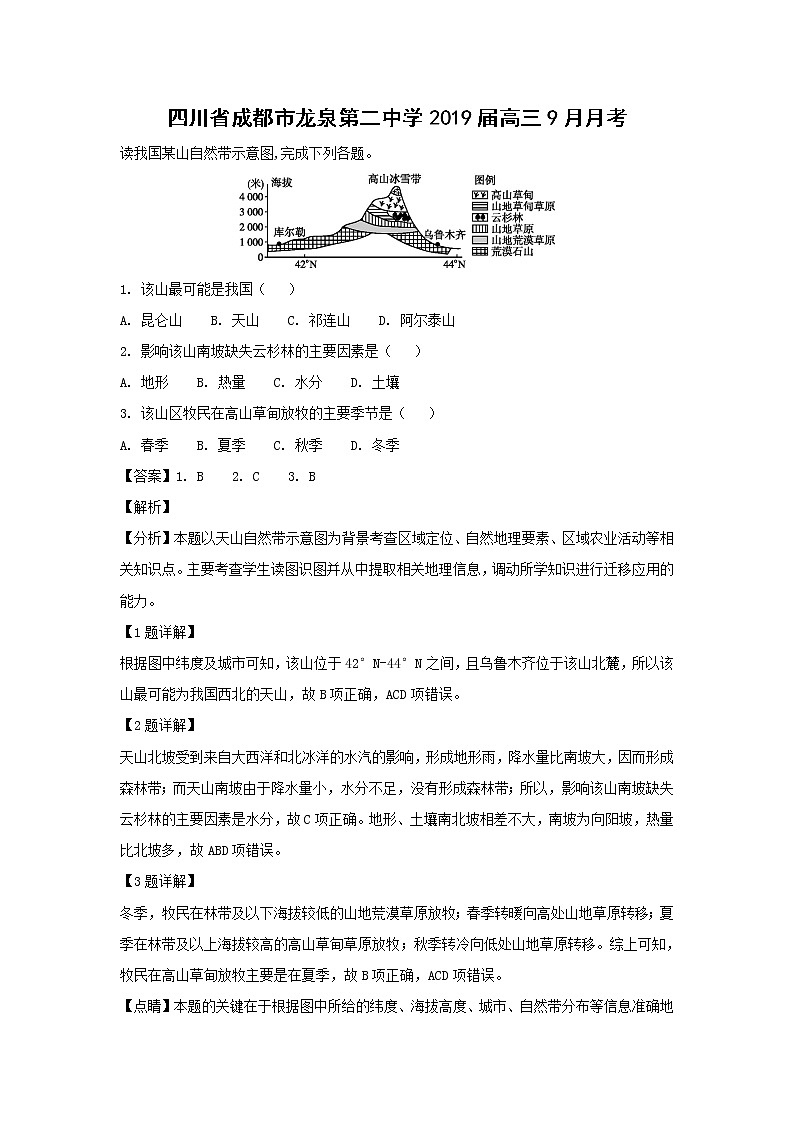 【地理】四川省成都市龙泉第二中学2019届高三9月月考（解析版）第1页