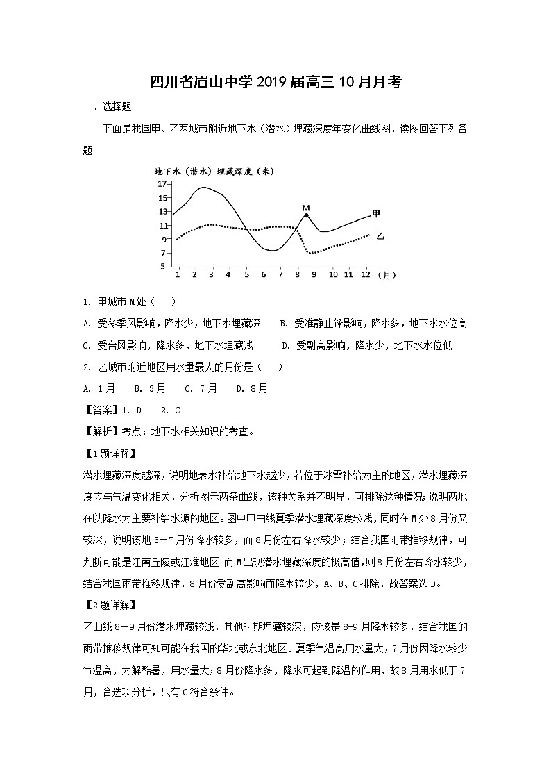 【地理】四川省眉山中学2019届高三9月月考（解析版）第1页