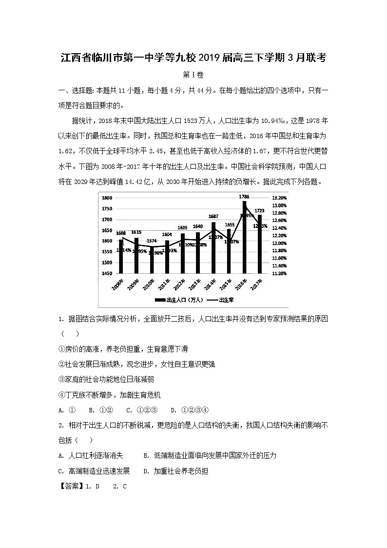 【地理】江西省临川市第一中学等九校2019届高三下学期3月联考（解析版） 试卷01