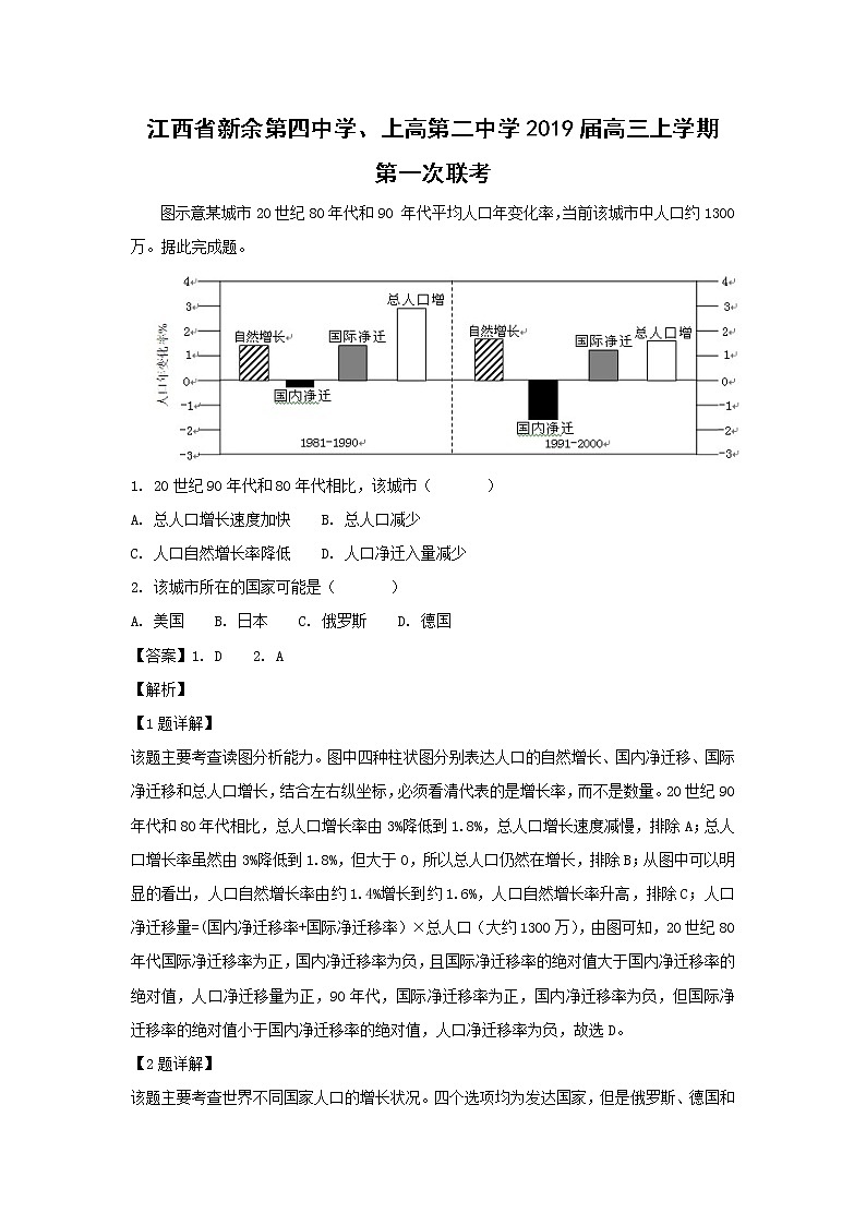 【地理】江西省新余第四中学、上高第二中学2019届高三上学期第一次联考（解析版） 试卷01