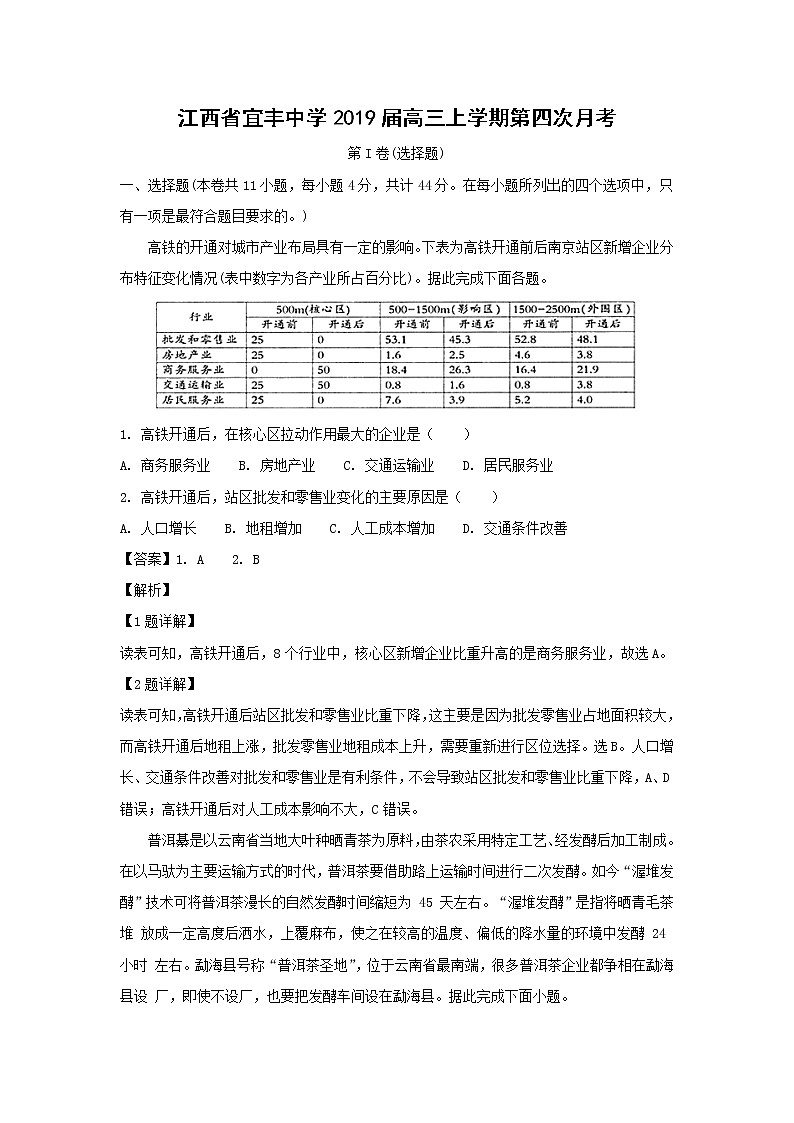【地理】江西省宜丰中学2019届高三上学期第四次月考（解析版） 试卷01