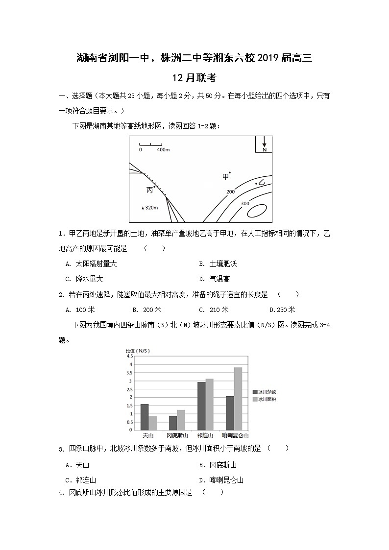 【地理】湖南省浏阳一中、株洲二中等湘东六校2019届高三12月联考 试卷01