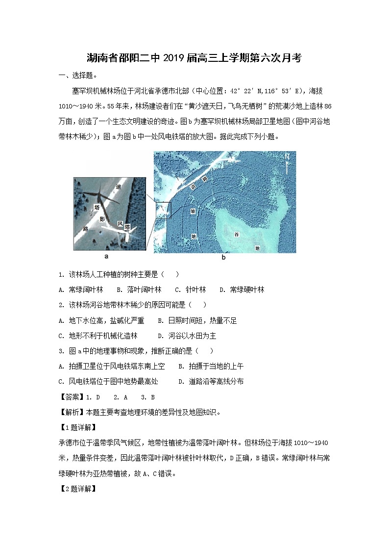 【地理】湖南省邵阳二中2019届高三上学期第六次月考（解析版） 试卷01