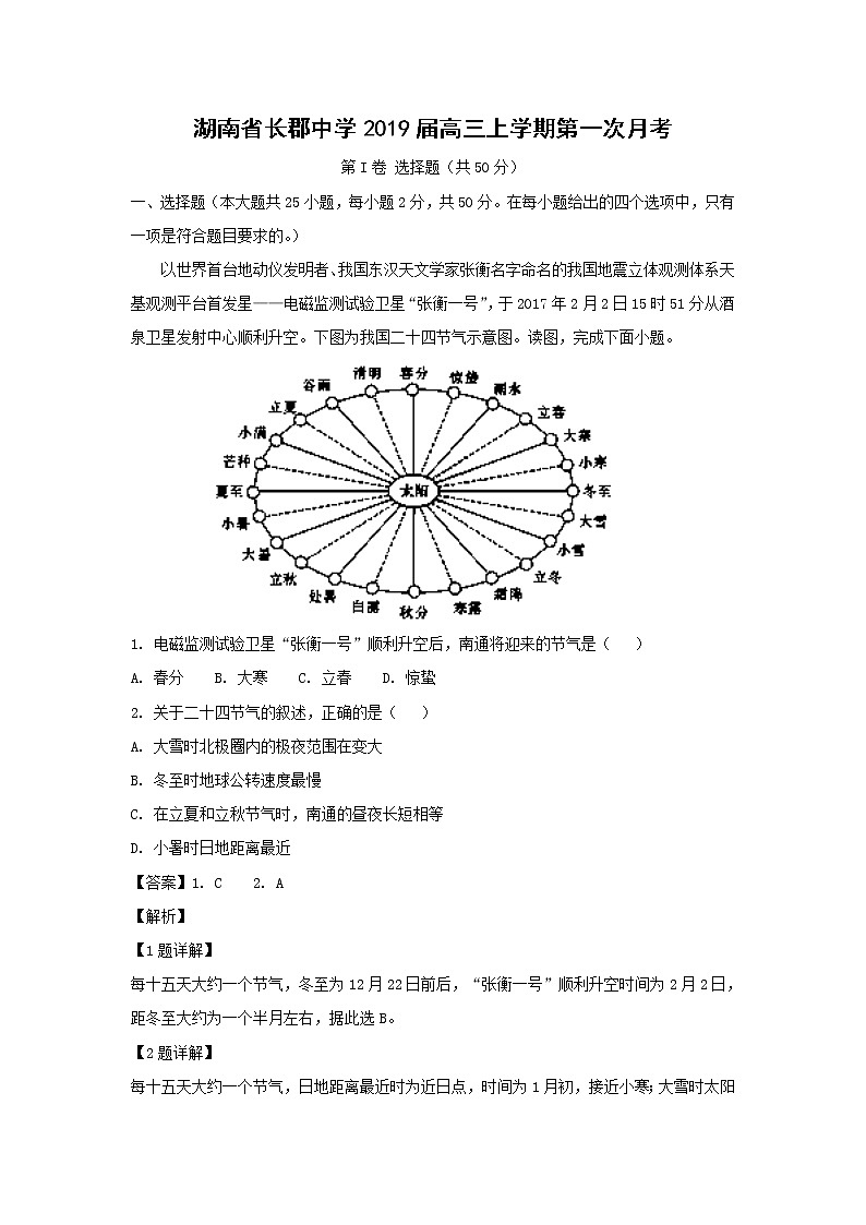 【地理】湖南省长郡中学2019届高三上学期第一次月考（解析版） 试卷01