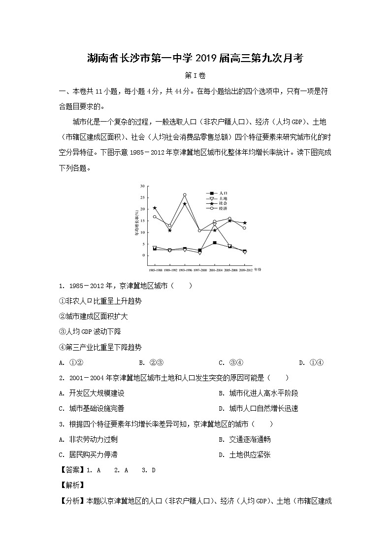 【地理】湖南省长沙市第一中学2019届高三第九次月考（解析版） 试卷01