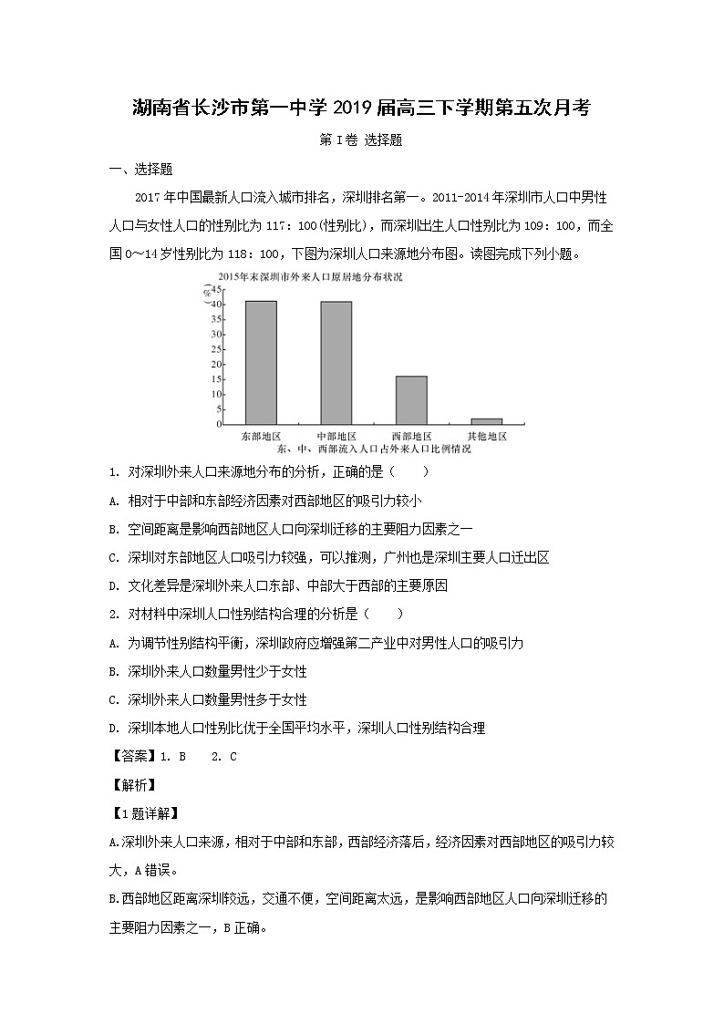 【地理】湖南省长沙市第一中学2019届高三下学期第五次月考（解析版） 试卷01