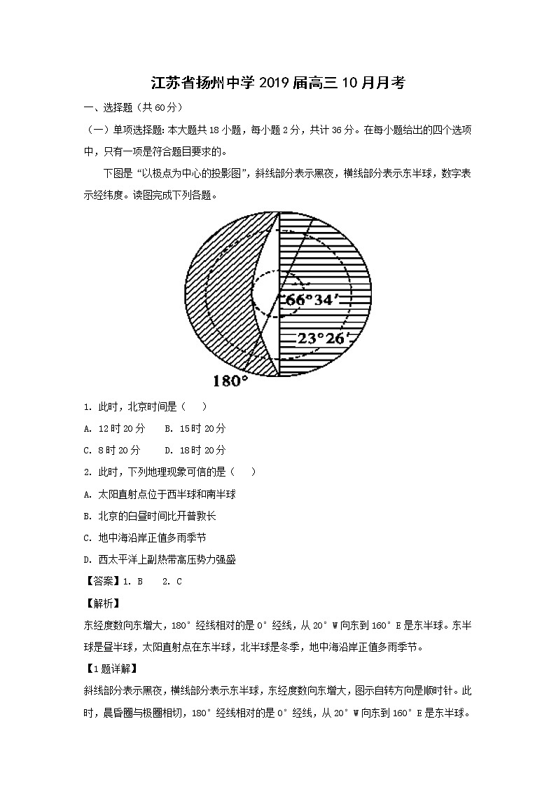 【地理】江苏省扬州中学2019届高三10月月考（解析版） 试卷01