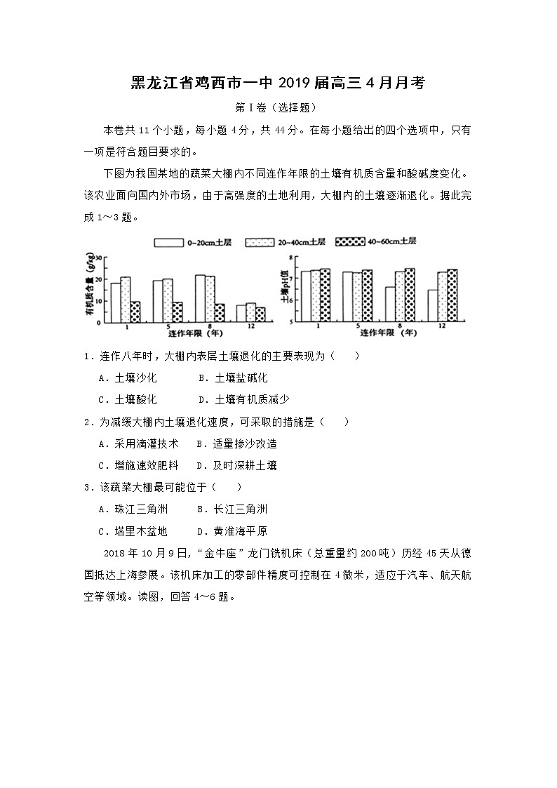 【地理】黑龙江省鸡西市一中2019届高三4月月考第1页