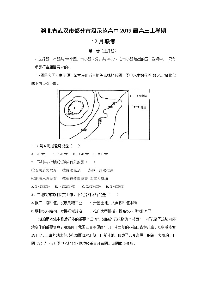 【地理】湖北省武汉市部分市级示范高中2019届高三上学期12月联考 试卷01