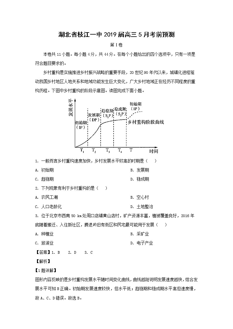 【地理】湖北省枝江一中2019届高三5月考前预测（解析版）01