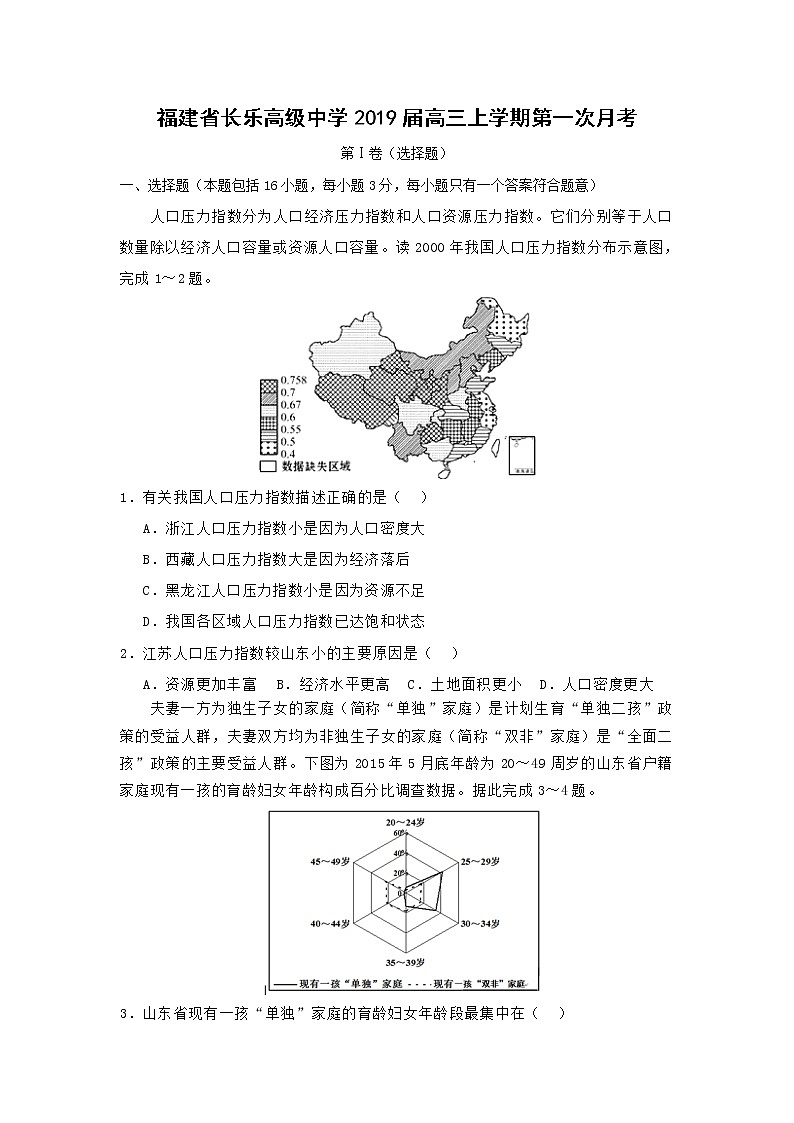 【地理】福建省长乐高级中学2019届高三上学期第一次月考 试卷01