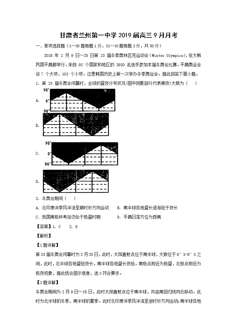 【地理】甘肃省兰州第一中学2019届高三9月月考（解析版） 试卷01