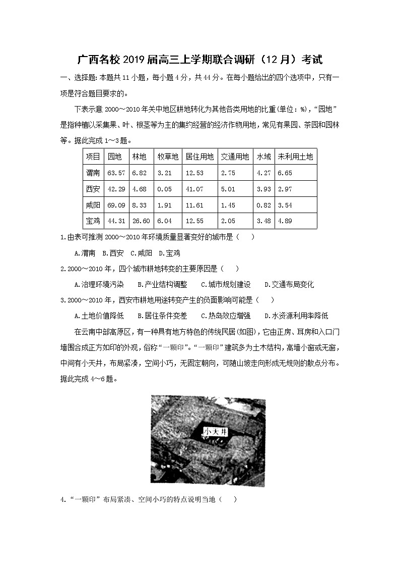 【地理】广西名校2019届高三上学期联合调研（12月）考试01