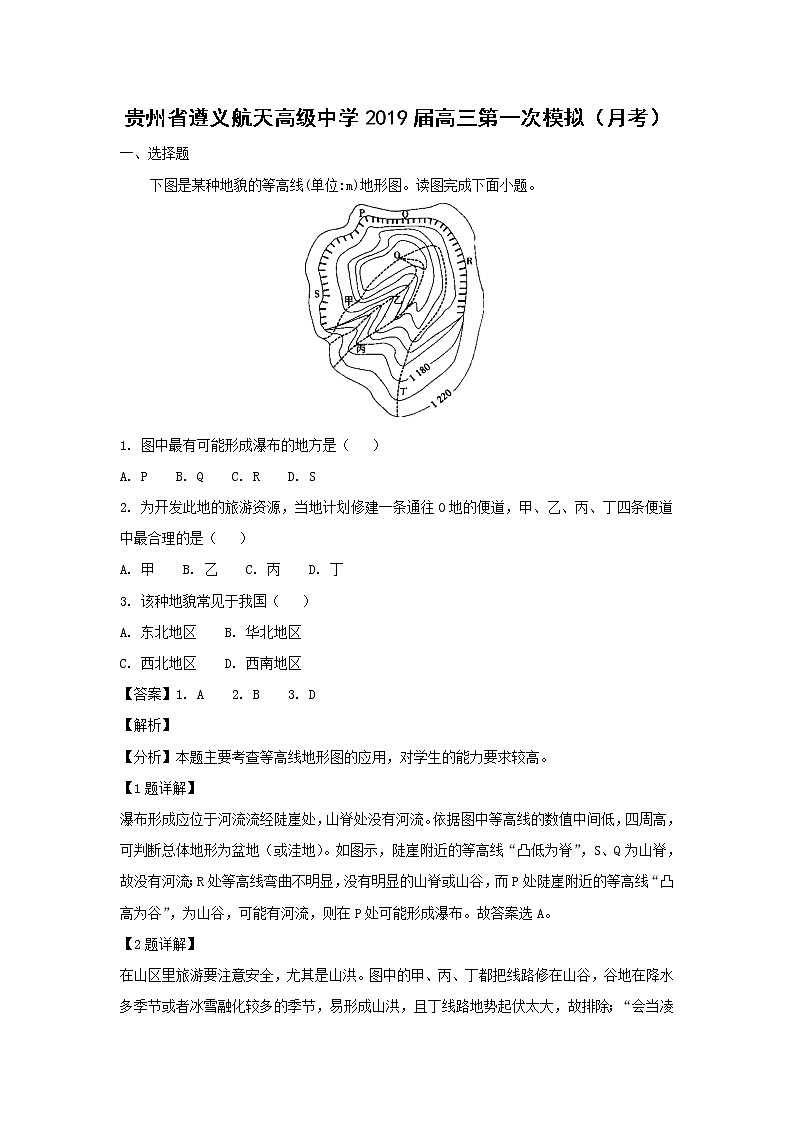 【地理】贵州省遵义航天高级中学2019届高三第一次模拟（月考）（解析版） 试卷01