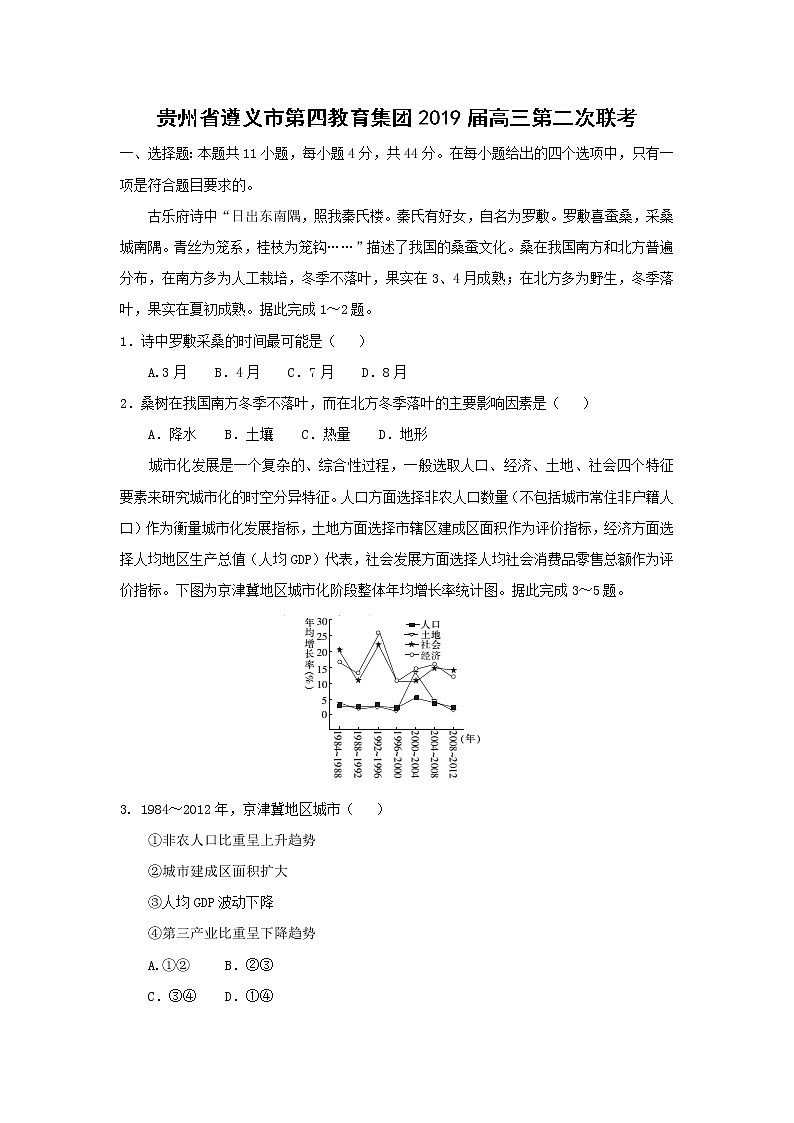 【地理】贵州省遵义市第四教育集团2019届高三第二次联考 试卷01