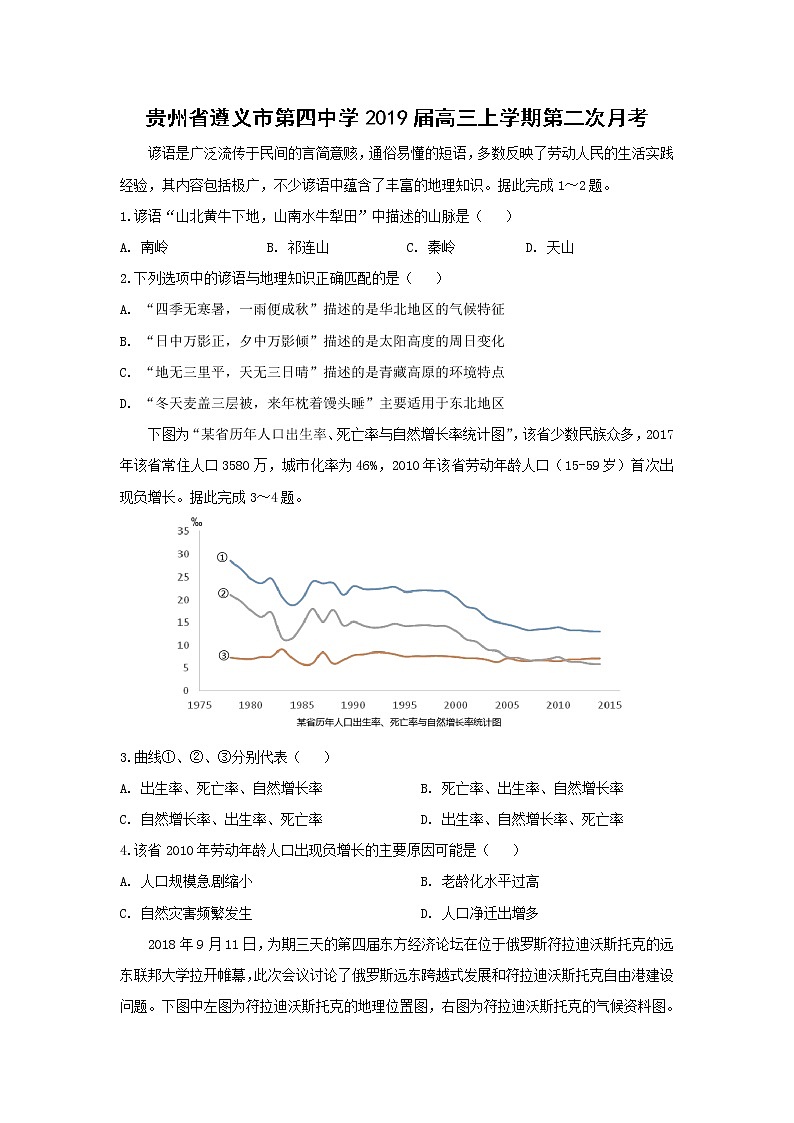 【地理】贵州省遵义市第四中学2019届高三上学期第二次月考 试卷01