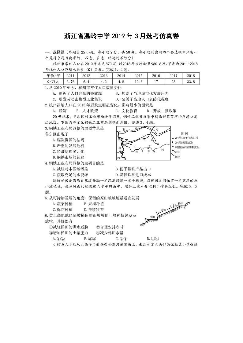 【地理】浙江省温岭中学2019年3月选考仿真卷01