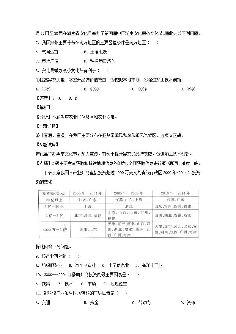 【地理】安徽省“皖江名校联盟”2019届高三五月联考 试卷03
