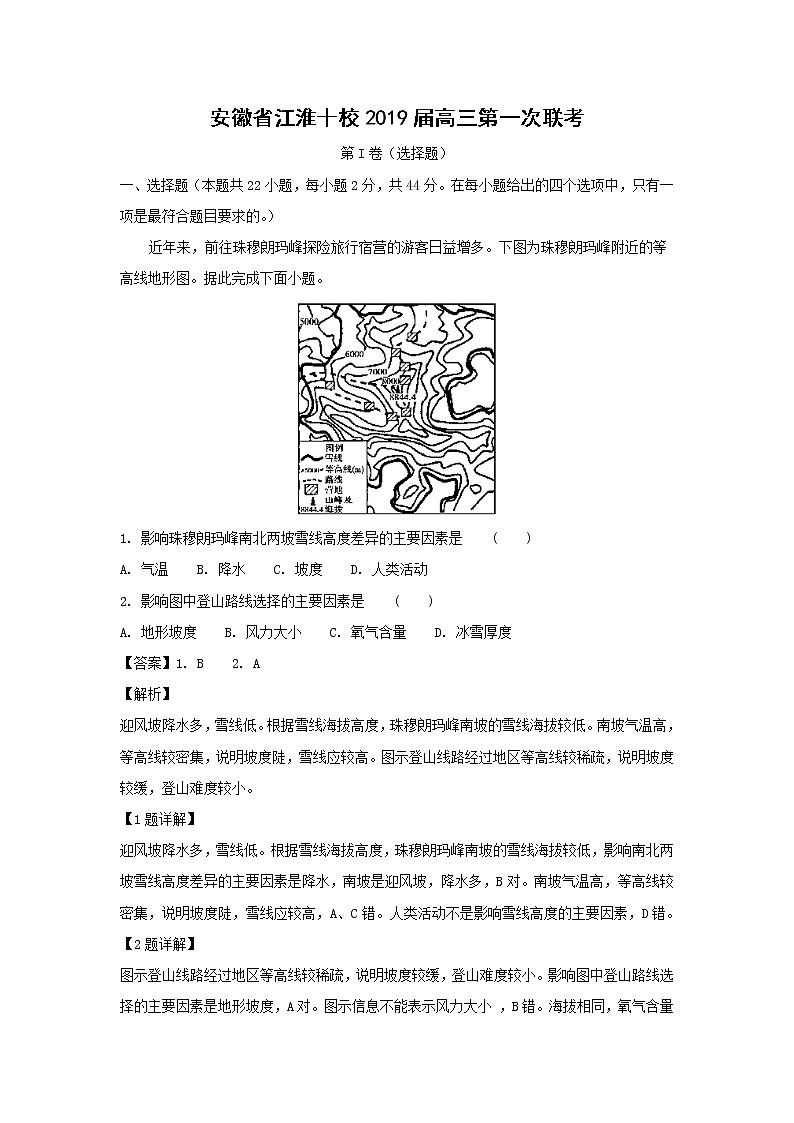 【地理】安徽省江淮十校2019届高三第一次联考（解析版） 试卷01