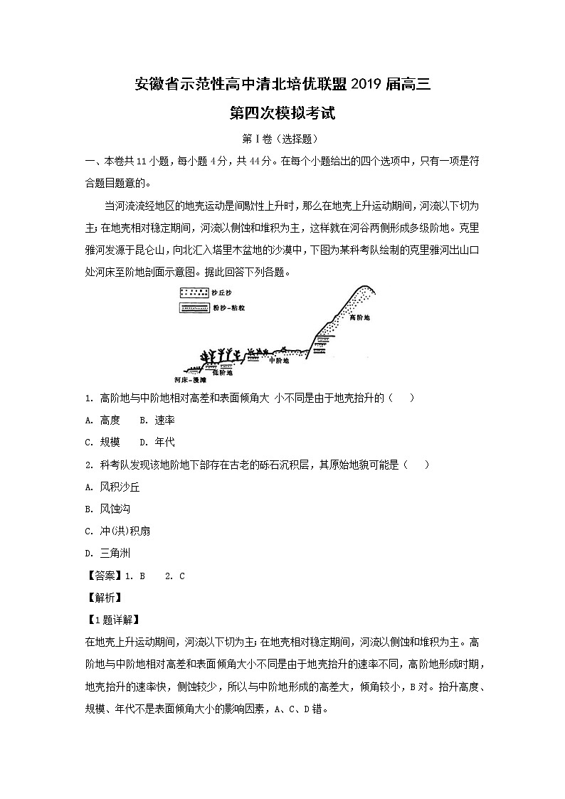 【地理】安徽省示范性高中清北培优联盟2019届高三第四次模拟考试（解析版）第1页