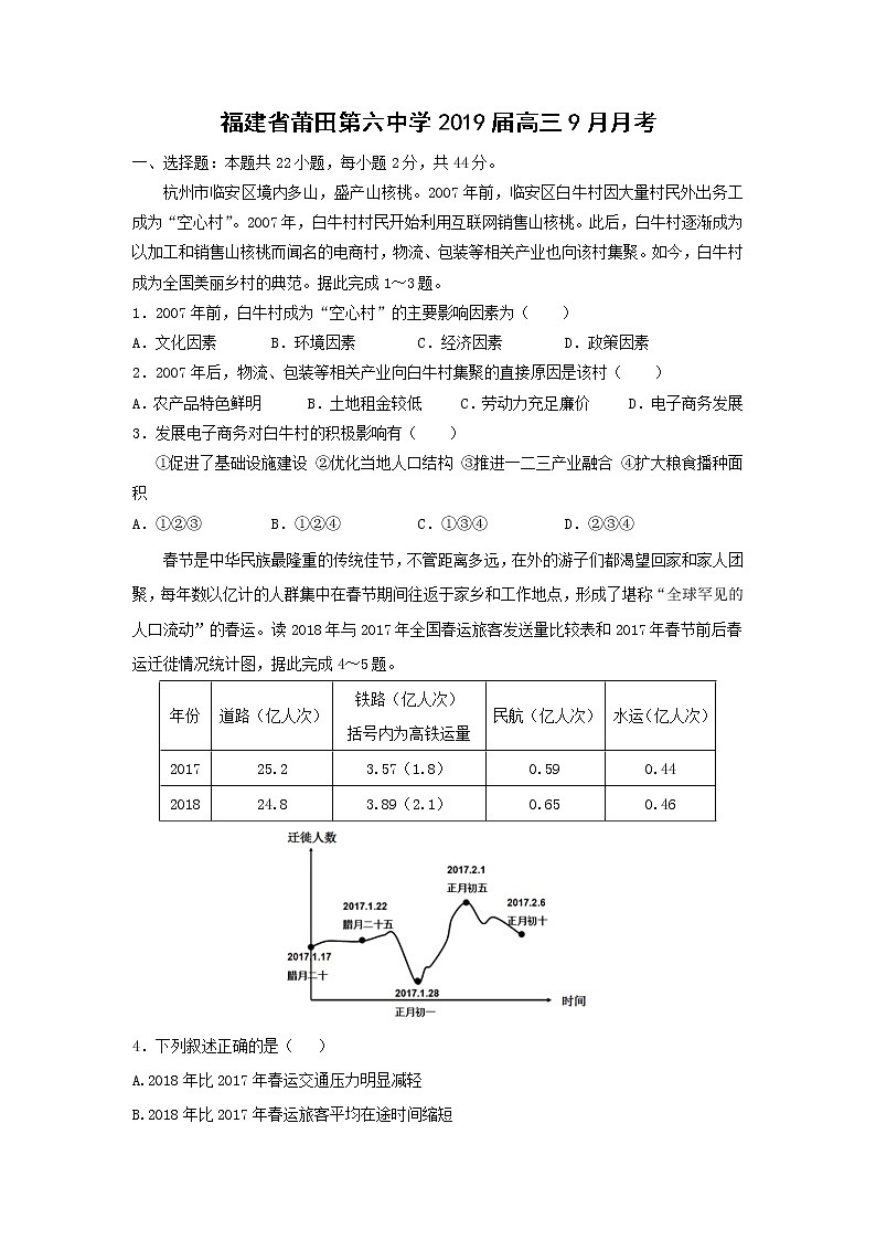 【地理】福建省莆田第六中学2019届高三9月月考 试卷01