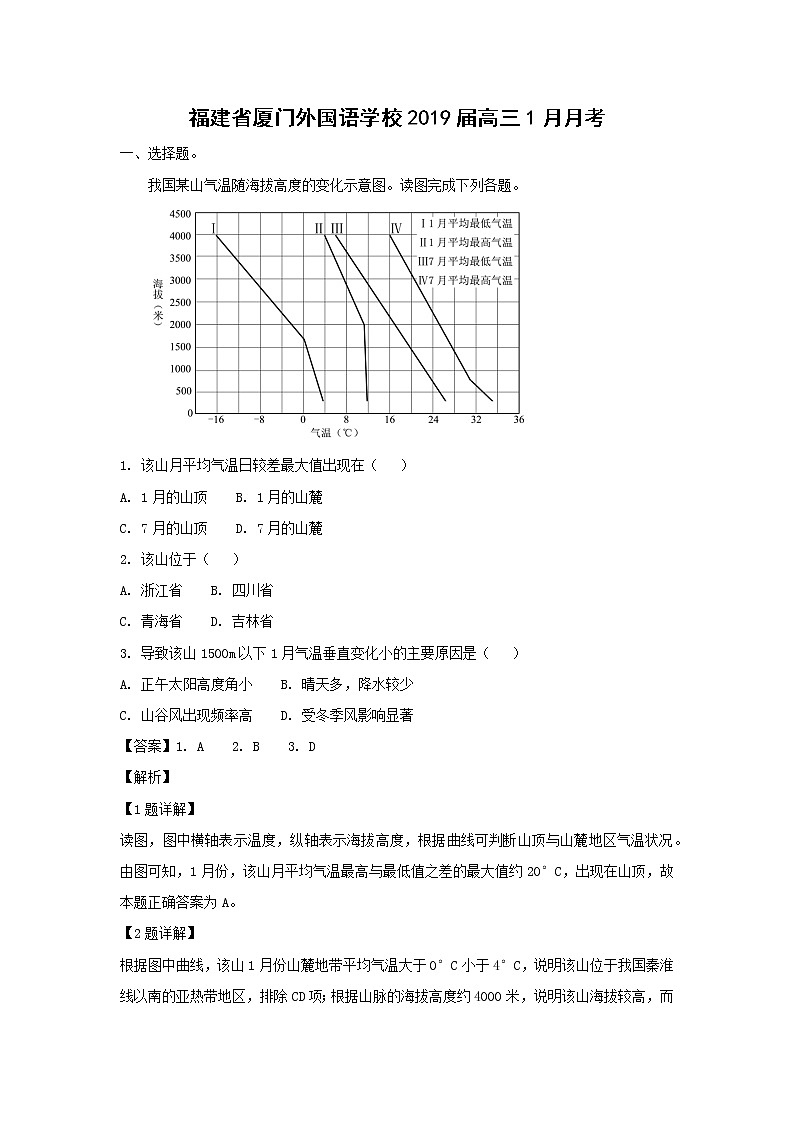 【地理】福建省厦门外国语学校2019届高三1月月考（解析版） 试卷01