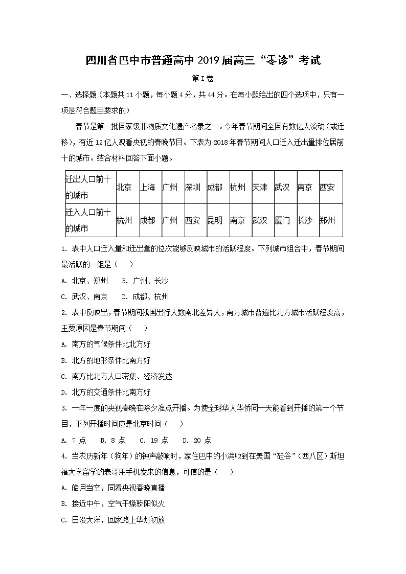 【地理】四川省巴中市普通高中2019届高三“零诊”考试（解析版）01