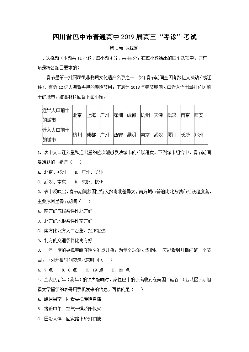 【地理】四川省巴中市普通高中2019届高三“零诊”考试第1页