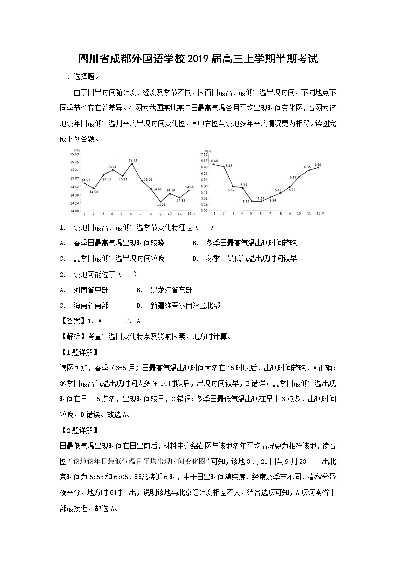 【地理】四川省成都外国语学校2019届高三上学期半期考试（解析版）01