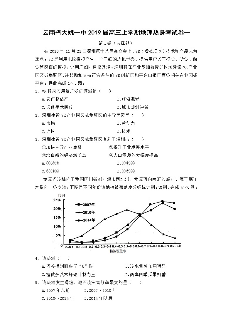 【地理】云南省大姚一中2019届高三上学期地理热身考试卷一01