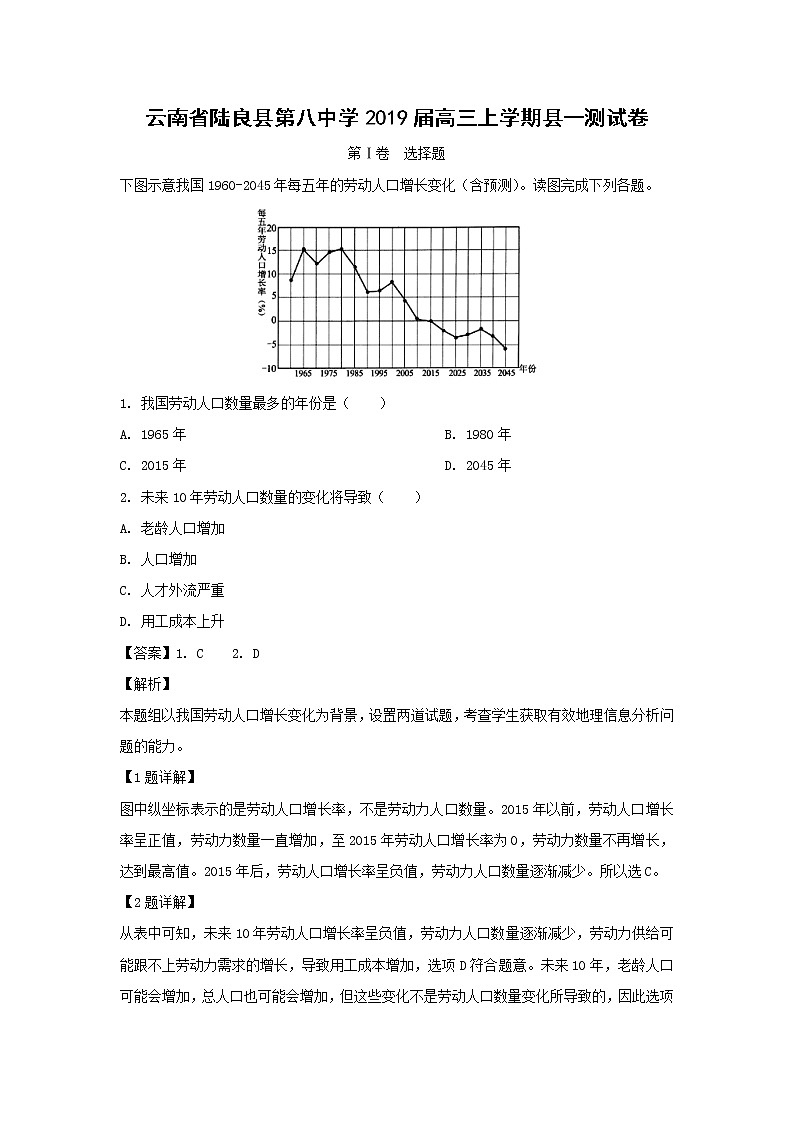 【地理】云南省陆良县第八中学2019届高三上学期县一测试卷（解析版）第1页