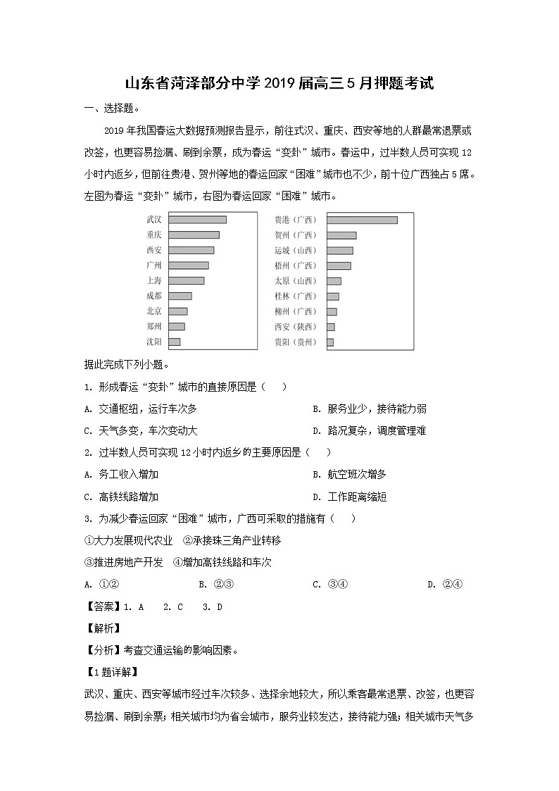 【地理】山东省菏泽部分中学2019届高三5月押题考试（解析版）01
