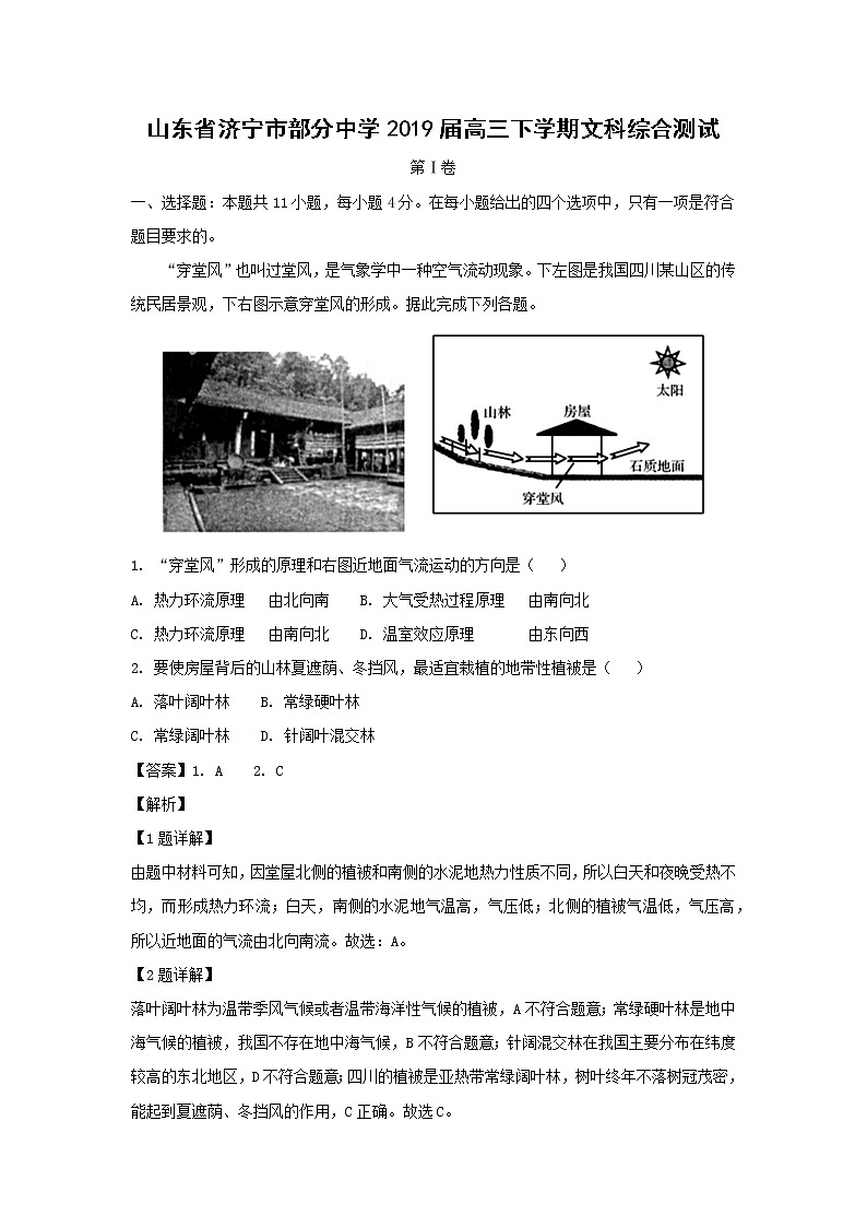 【地理】山东省济宁市部分中学2019届高三下学期文科综合测试（解析版）01