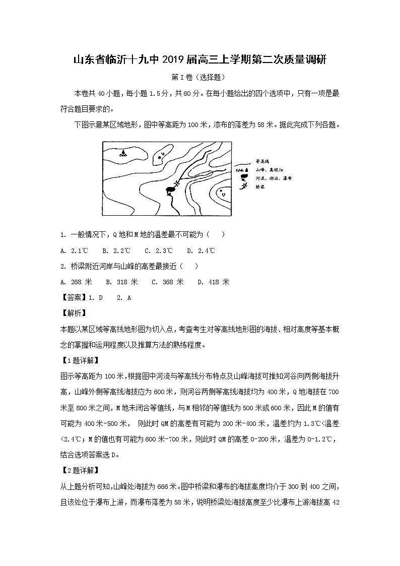 【地理】山东省临沂十九中2019届高三上学期第二次质量调研 试卷01
