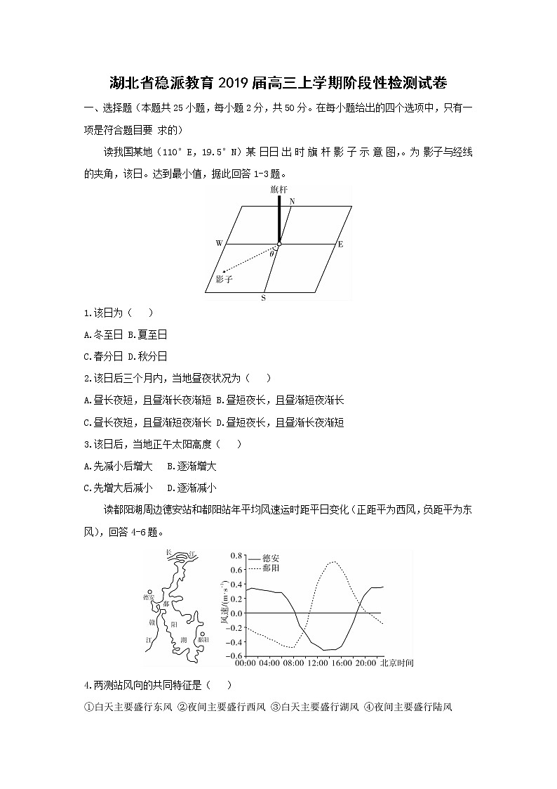 【地理】湖北省稳派教育2019届高三上学期阶段性检测试卷01
