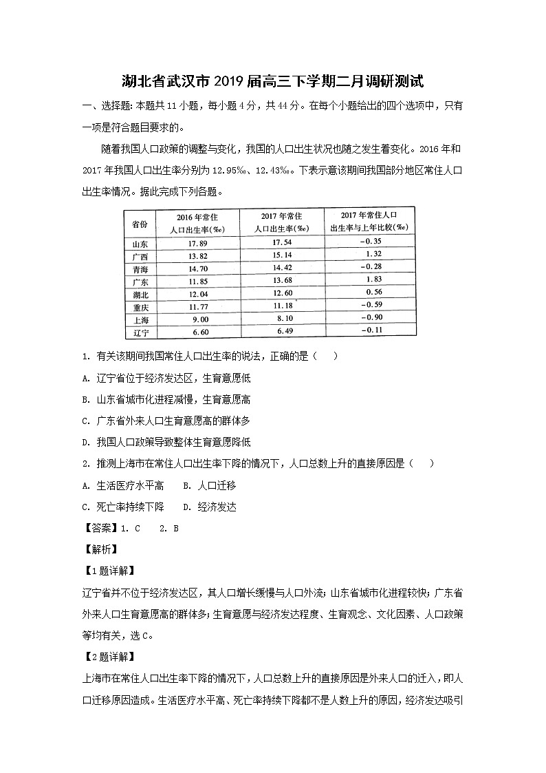 【地理】湖北省武汉市2019届高三下学期二月调研测试（解析版）01