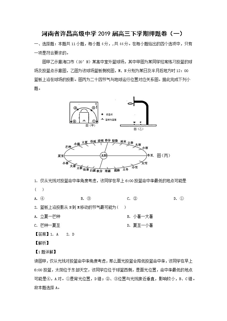 【地理】河南省许昌高级中学2019届高三下学期押题卷（一）（解析版）01
