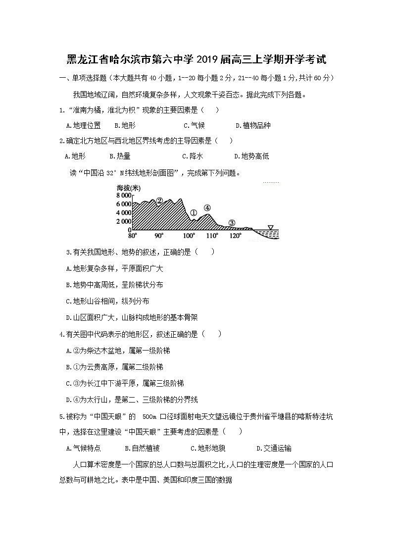 【地理】黑龙江省哈尔滨市第六中学2019届高三上学期开学考试01