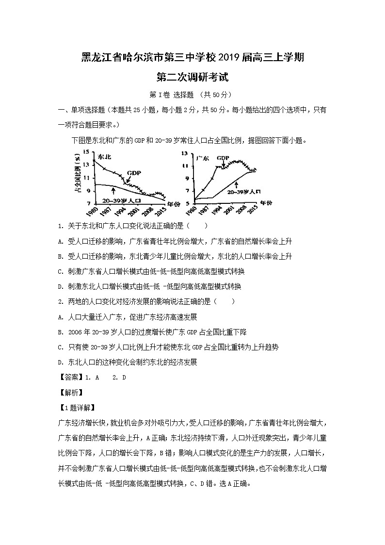【地理】黑龙江省哈尔滨市第三中学校2019届高三上学期第二次调研考试（解析版）01