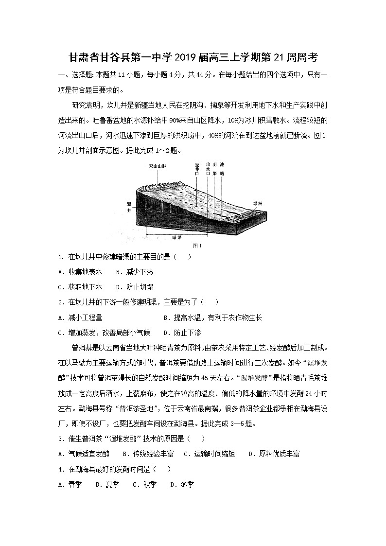 【地理】甘肃省甘谷县第一中学2019届高三上学期第21周周考（解析版） 试卷01