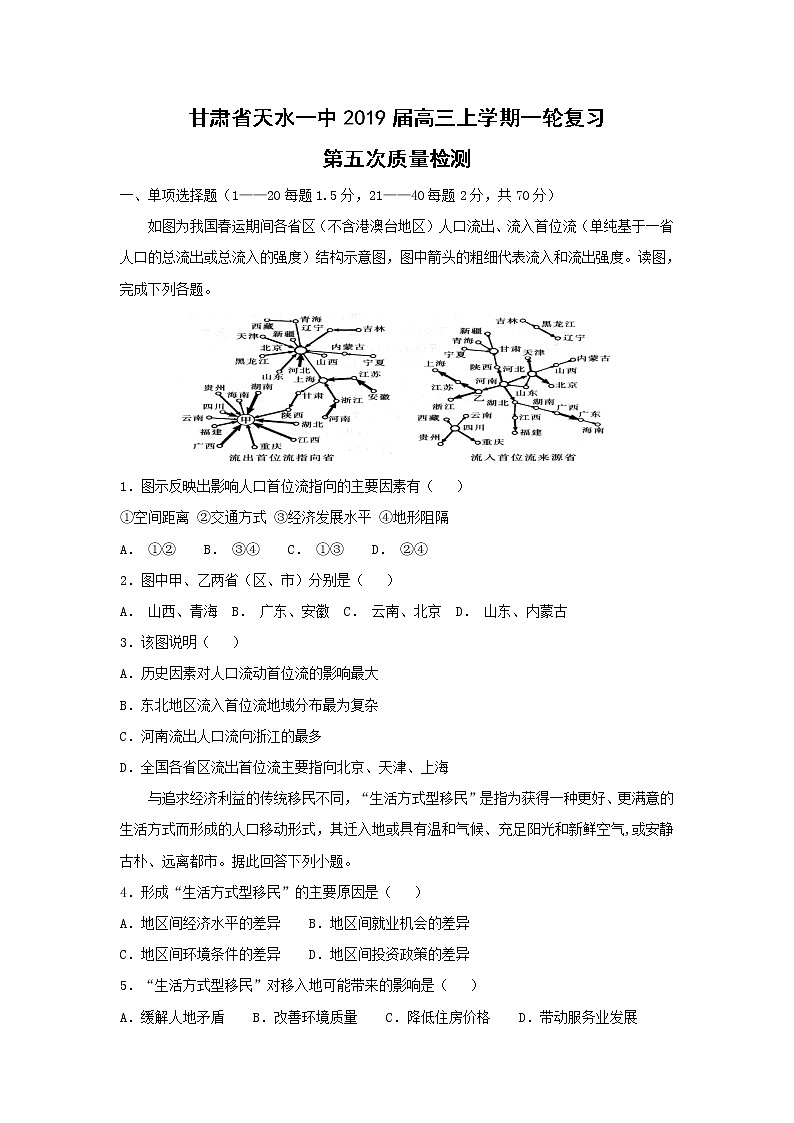 【地理】甘肃省天水一中2019届高三上学期一轮复习第五次质量检测第1页