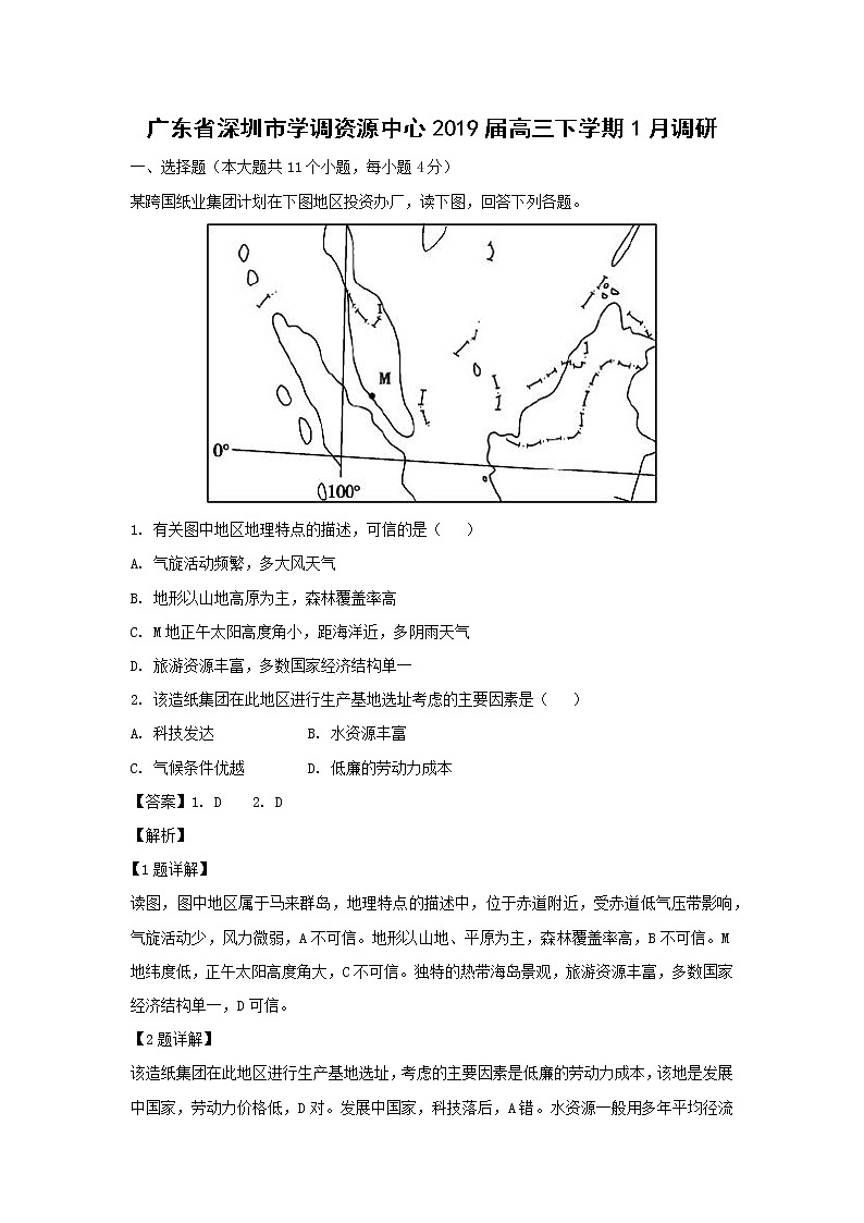 【地理】广东省深圳市学调资源中心2019届高三下学期1月调研（解析版） 试卷01
