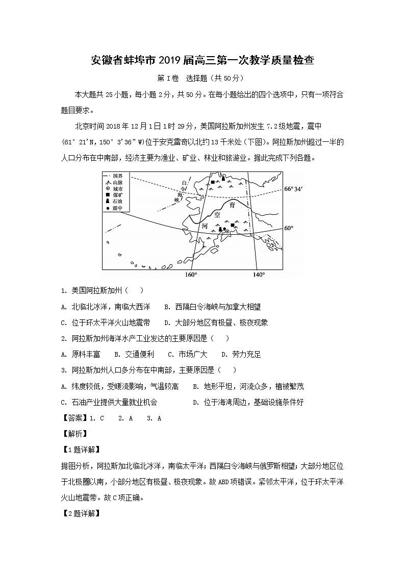 【地理】安徽省蚌埠市2019届高三第一次教学质量检查（解析版）01