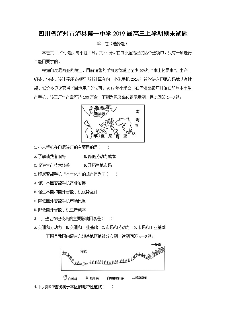 【地理】四川省泸州市泸县第一中学2019届高三上学期期末试题 (1)01