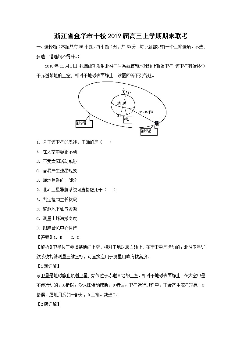 【地理】浙江省金华市十校2019届高三上学期期末联考（解析版） 试卷01