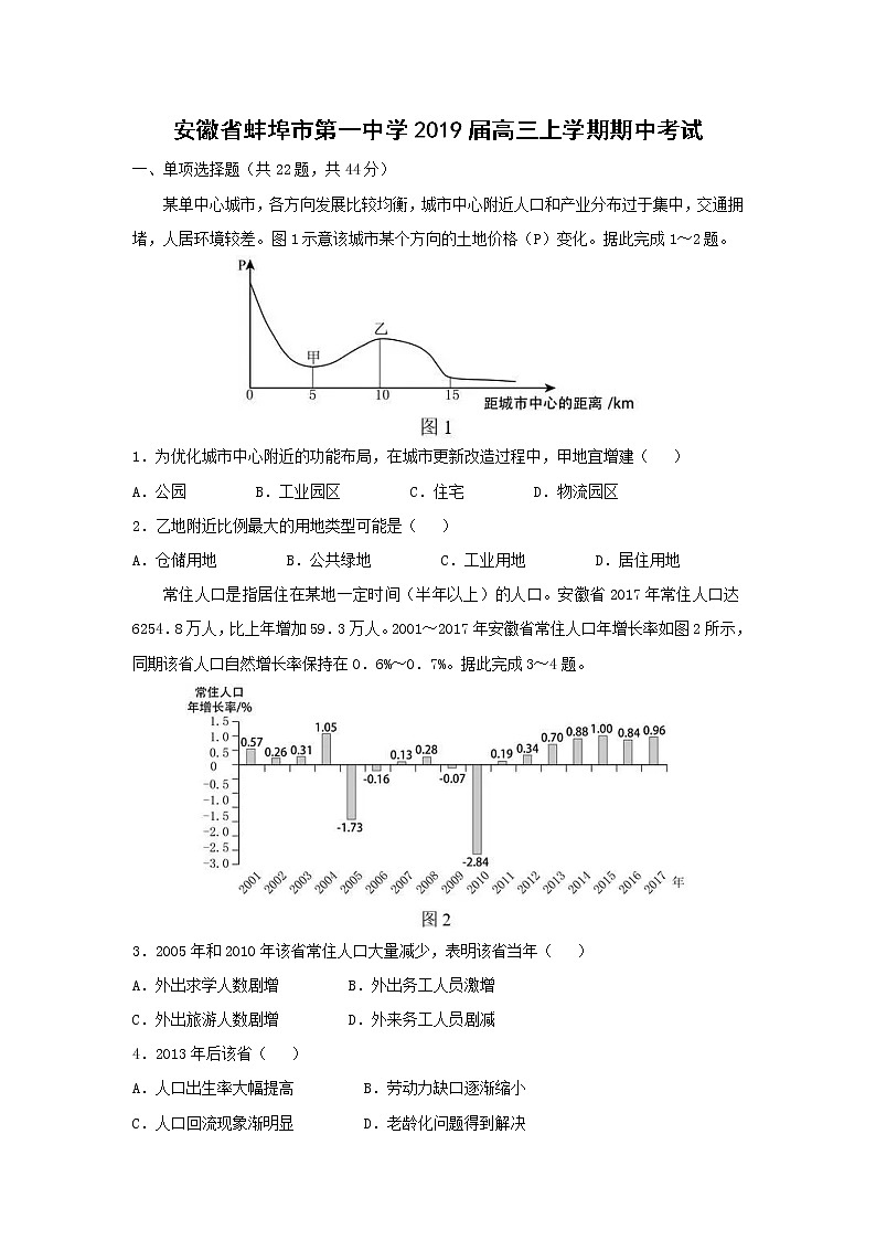 【地理】安徽省蚌埠市第一中学2019届高三上学期期中考试01